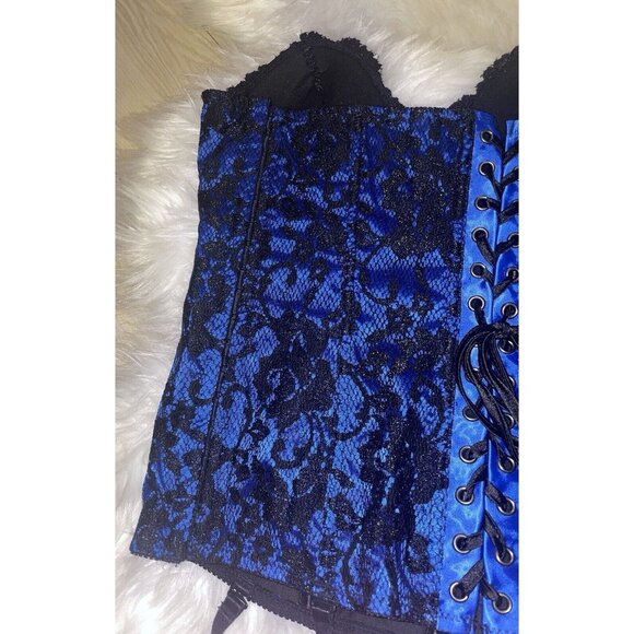 Fredericks of Hollywood Lace Garter Burlesque Corset Side Close 38 Blue Black - Picture 4 of 5